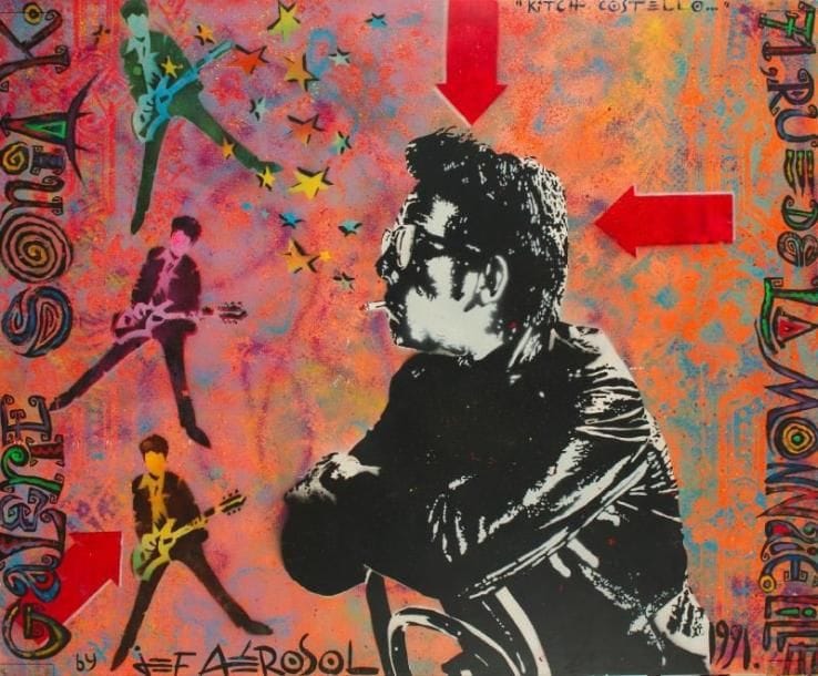 Jean-François PERROY dit JEF AEROSOL (né en 1957)
Kitch Costello, 1991 Pochoir et bombe aérosol sur panneau. Signé en bas à gauche et daté 1991 en bas à droite. H: 123 x 150 cm Exposition: Galerie Sonia K, Lille.