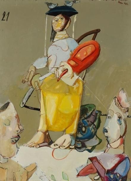 Emil STOITCHEV (hongrois) (né en 1935)
Femme assise, 1994 Huile sur toile. Signée en haut à gauche. Signée, datée et titrée en bulgare au dos. Croquis peints au dos. H: 73 x 54 cm