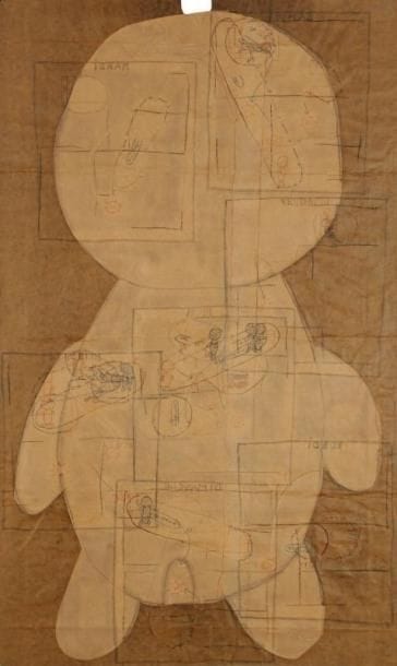 Titi PARANT (né en 1947)
PersonnageDessin au crayon et stylo bille sur collage de papiers. Signé en bas vers la droite. H: 51. 50 x 86 cm
