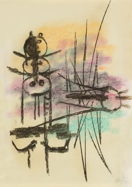 Wifredo LAM (1902-1982)Oiseau, 1960
Pastel et fusain. Signé et daté 1960 en bas à droite. H: 67 x 49 cm Provenance: Collection Landau