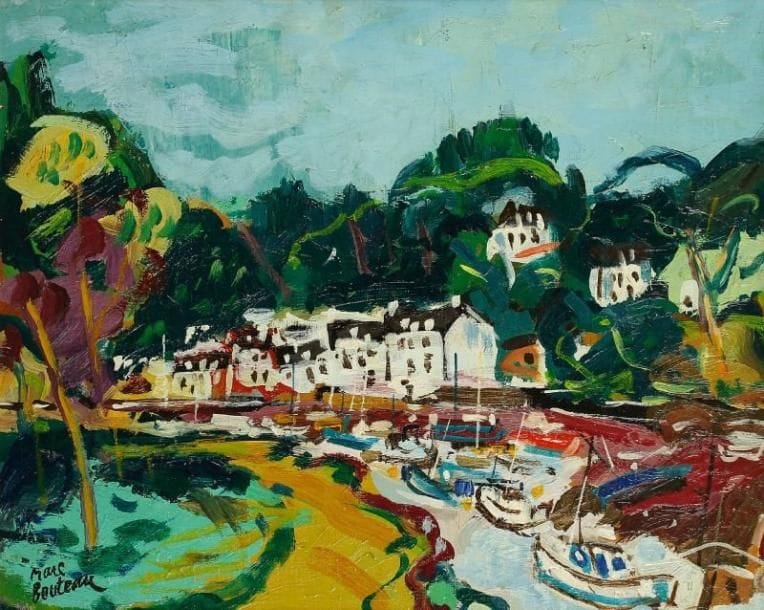 Marc BOUTEAU (né en 1935)
Le port à Pont-Aven, vers 1983 Huile sur toile. Signée en bas à gauche. Signée au dos. 38 x 46 cm