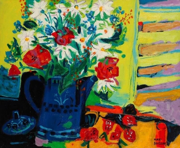 Marc BOUTEAU (né en 1935)
Les fraises, vers 1984 Huile sur toile. Signée en bas à droite. Signée au dos. 46 x 55 cm