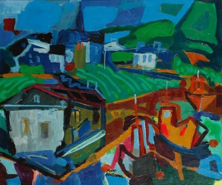 Marc BOUTEAU (né en 1935)
Ouessant, vers 1986 Huile sur toile. Signée en bas au milieu. Signée au dos. 46 x 55 cm