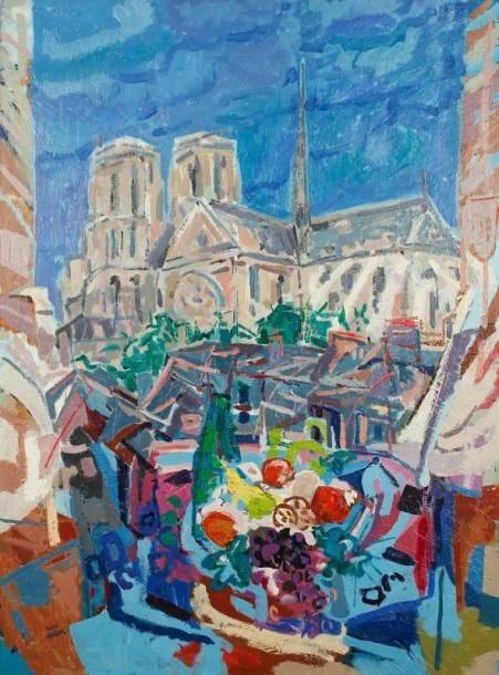 Marc BOUTEAU (né en 1935)
Vue sur Notre-Dame, vers 1988 Huile sur toile. Signée en bas à gauche. Signée au dos. 130 x 97 cm