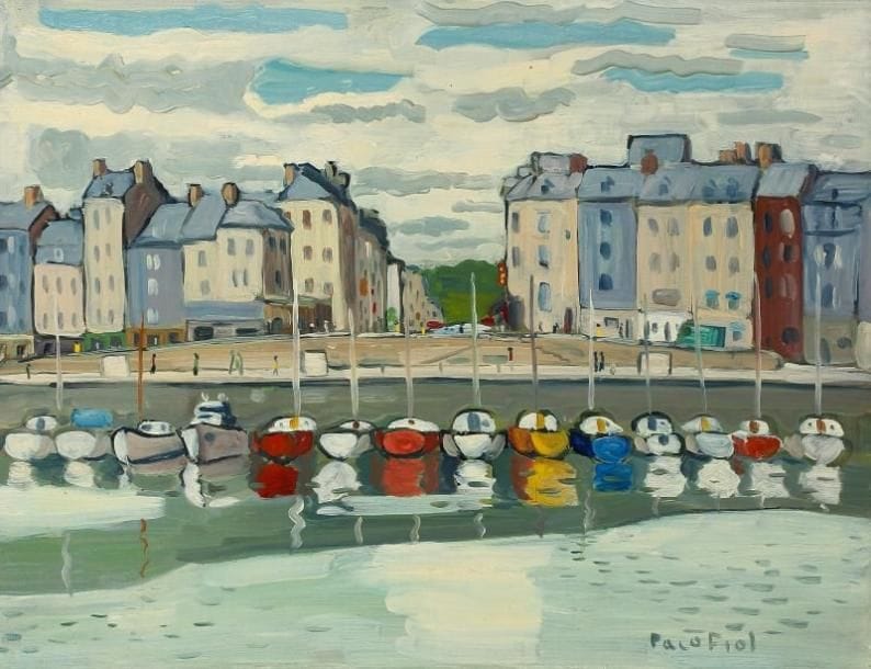 PACO FIOL (né en 1939)
Le bassin à Honfleur, vers 1971 Huile sur toile. Signée en bas à droite. 50 x 65 cm