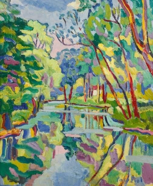 PACO FIOL (né en 1939)
Automne sur l'Aven, vers 1972 Huile sur toile. Signée en bas à droite. Signée au dos. 65 x 54 cm