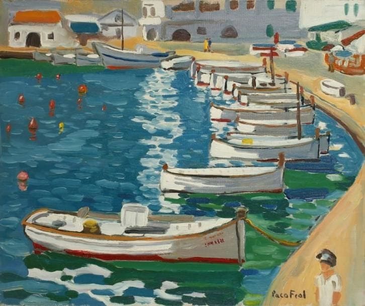 PACO FIOL (né en 1939)
Le port de Menorca, vers 1972 Huile sur toile. Signée en bas à droite. 46 x 55 cm