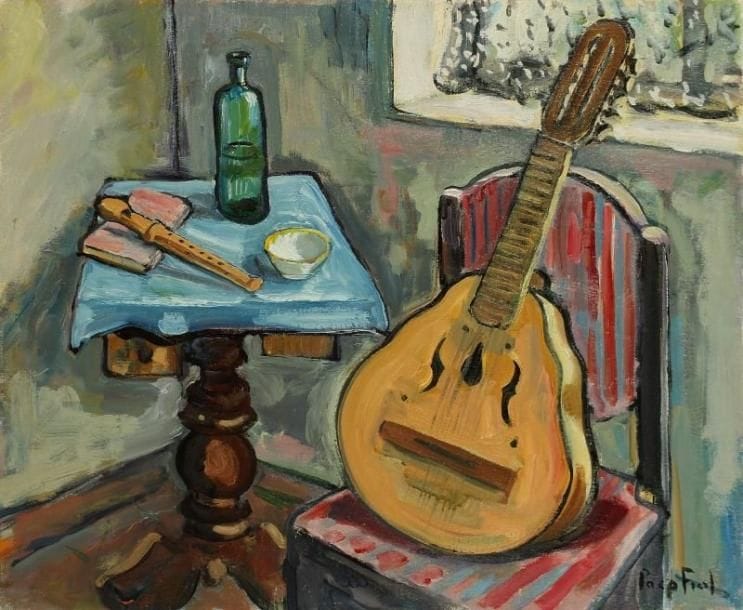 PACO FIOL (né en 1939)
Nature morte à la flûte, vers 1972 Huile sur toile. Signée en bas à droite. 50 x 61 cm