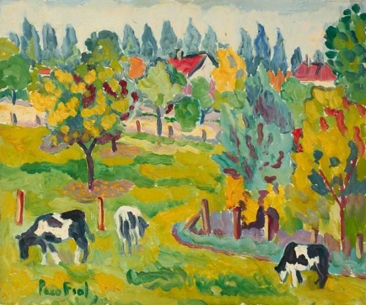 PACO FIOL (né en 1939)
Pâturage, vers 1973 Huile sur toile. Signée en bas à gauche. 46 x 55 cm