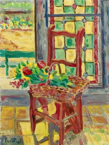 PACO FIOL (né en 1939)
La chaise fleurie, vers 1973 Huile sur toile. Signée en bas à gauche. 65 x 50 cm
