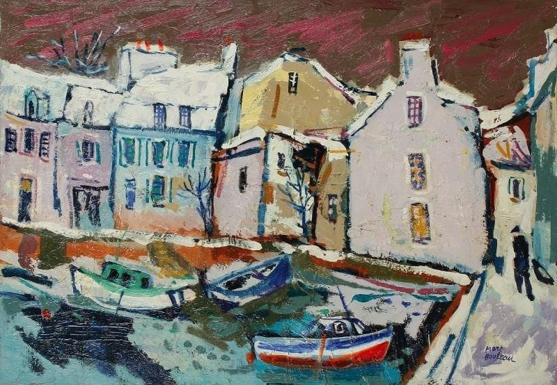 Marc BOUTEAU (né en 1935)
Port-Louis en hiver, vers 1970 Huile sur toile. Signée en bas à droite. Signée au dos. 65 x 92 cm