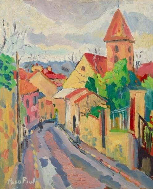 PACO FIOL (né en 1939)
Rue du village, vers 1973 Huile sur toile. Signée en bas à gauche. 61 x 50 cm