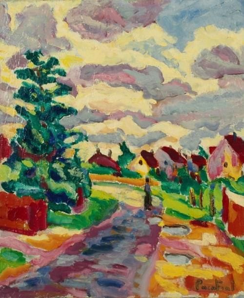 PACO FIOL (né en 1939)
La promenade après l'orage, vers 1976 Huile sur toile. Signée en bas à droite et datée au dos. 55 x 46 cm