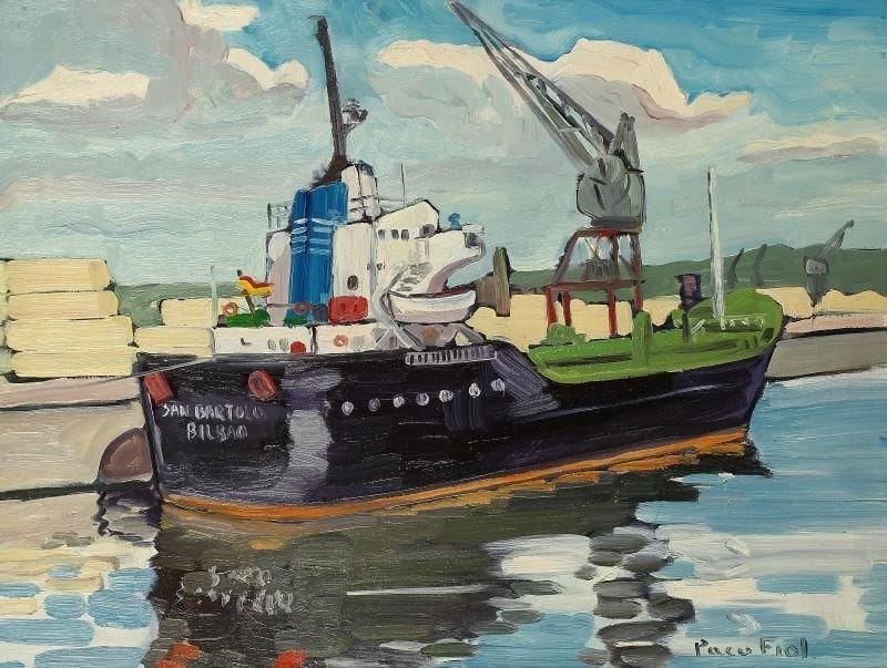 PACO FIOL (né en 1939)
Déchargement du bois à Honfleur, vers 1977 Huile sur toile. Signée en bas à droite. 50 x 65 cm