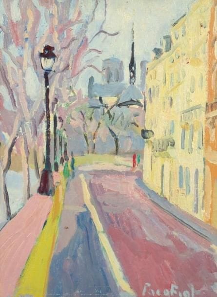 PACO FIOL (né en 1939)
Paris, l'île de la Cité, vers 1978 Huile sur toile. Signée en bas à droite. Signée au dos. 61 x 46 cm