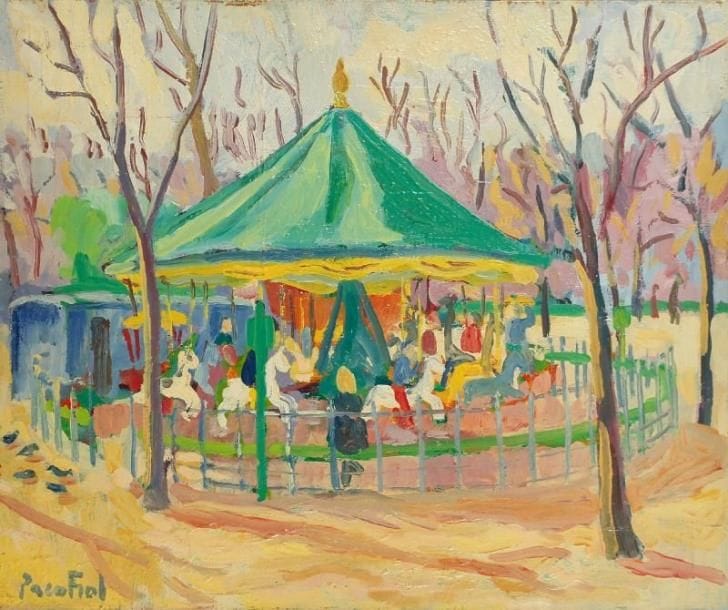 PACO FIOL (né en 1939)
Le manège au Luxembourg, vers 1978 Huile sur toile. Signée en bas à gauche. 54 x 65 cm