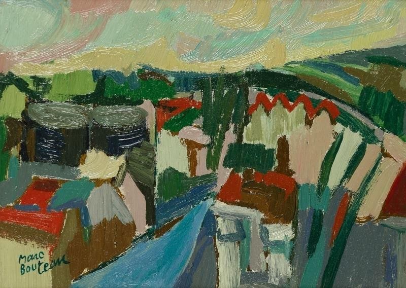 Marc BOUTEAU (né en 1935)
Passage de banlieue, vers 1972 Huile sur toile. Signée en bas à gauche. Signée au dos. 24 x 33 cm