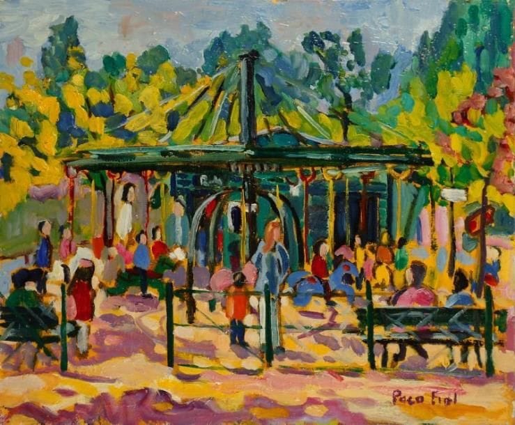 PACO FIOL (né en 1939)
Manège au Champ-de-Mars, vers 1978 Huile sur toile. Signée en bas à droite. 54 x 65 cm