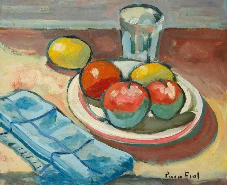 PACO FIOL (né en 1939)
Nature morte aux pommes, vers 1979 Huile sur toile. Signée en bas à droite. 38 x 46 cm