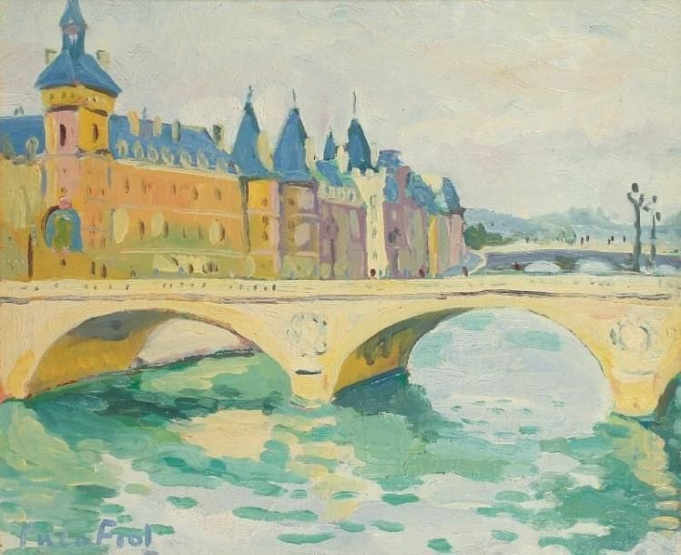 PACO FIOL (né en 1939)
Paris, le pont au Change, vers 1979 Huile sur toile. Signée en bas à droite. Signée au dos. 46 x 55 cm