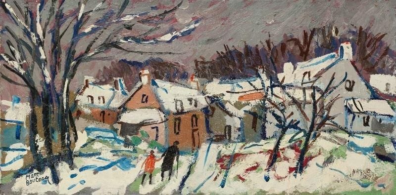 Marc BOUTEAU (né en 1935)
Neige sur Kérouan, vers 1972 Huile sur toile. Signée en bas à gauche. Signée au dos. 30 x 60 cm