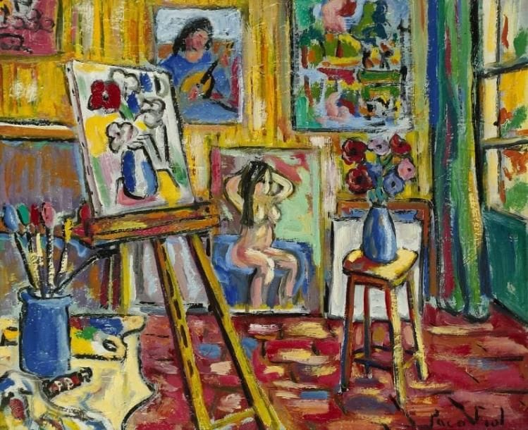 PACO FIOL (né en 1939)
L'atelier, vers 1979 Huile sur toile. Signée en bas à droite. 54 x 65 cm