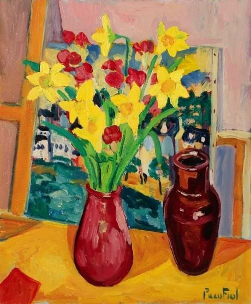 PACO FIOL (né en 1939)
Les deux vases, vers 1979 Huile sur toile. Signée en bas à droite. Signée au dos. 65 x 54 cm