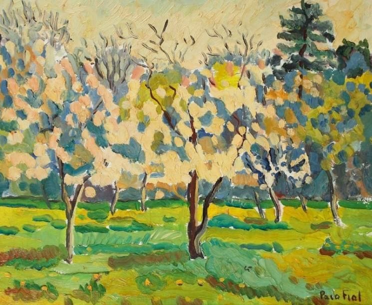 PACO FIOL (né en 1939)
Pommiers en fleurs, vers 1980 Huile sur toile. Signée en bas à droite. 54 x 65 cm