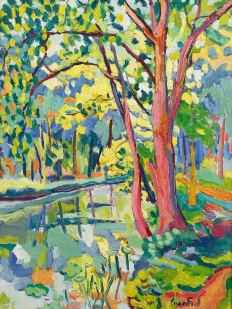 PACO FIOL (né en 1939)
Pont-Aven, automne au Bois d'Amour, vers 1980 Huile sur toile. Signée en bas à droite. Signée au dos. 65 x 50 cm