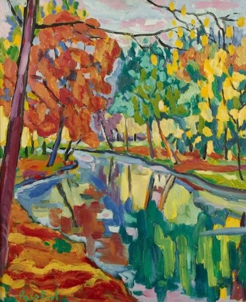 PACO FIOL (né en 1939)
Pont-Aven, Le Bois d'Amour, vers 1980 Huile sur toile. Signée en bas à gauche. 65 x 54 cm