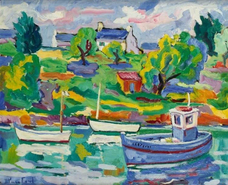 PACO FIOL (né en 1939)
Bord de l'Aven, vers 1980 Huile sur toile. Signée en bas à gauche. 60 x 73 cm