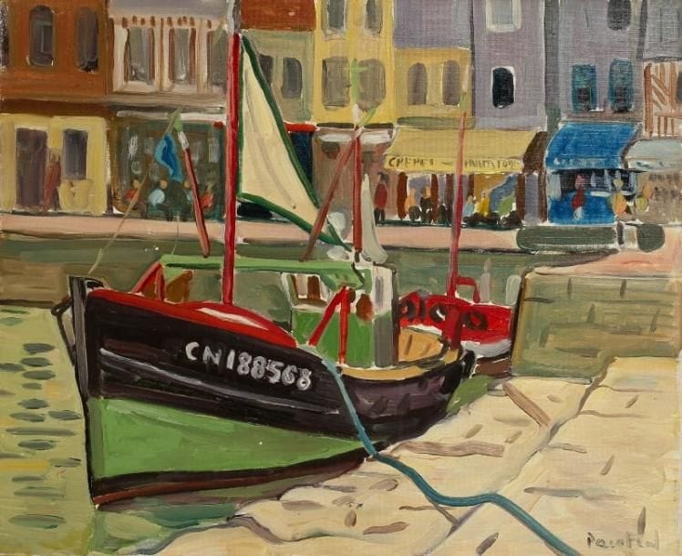 PACO FIOL (né en 1939)
Chalutiers dans le bassin à Honfleur, vers 1980 Huile sur toile. Signée en bas à droite. 50 x 61 cm