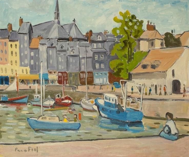 PACO FIOL (né en 1939)
Retour au port à Honfleur, vers 1980 Huile sur toile. Signée en bas à gauche. 50 x 61 cm