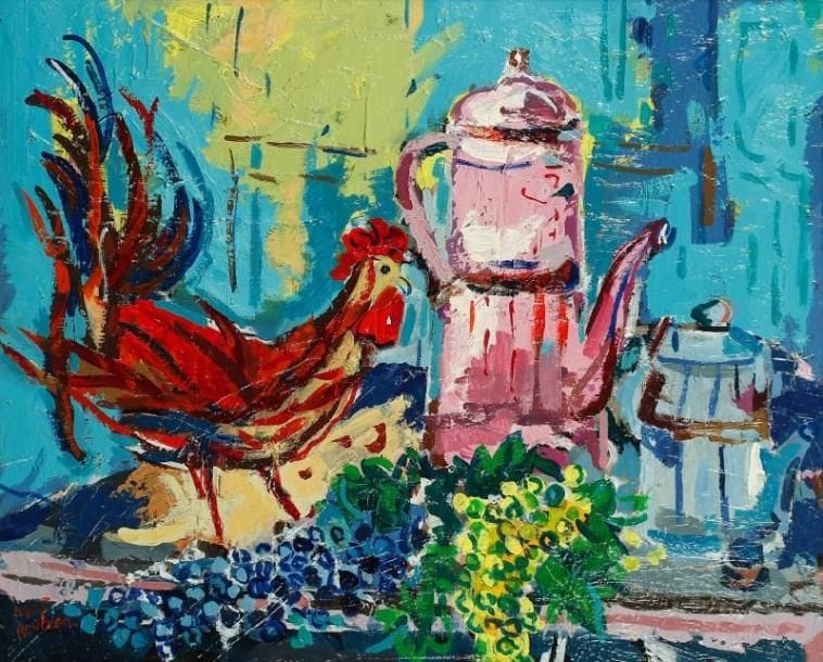 Marc BOUTEAU (né en 1935)
Le coq, vers 1967 Huile sur toile. Signée en bas à gauche. Signée au dos. 60 x 73 cm
