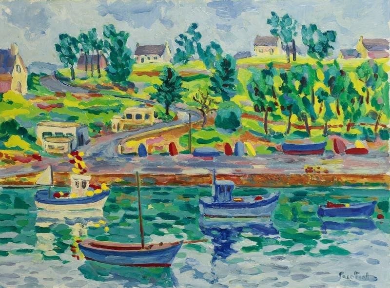 PACO FIOL (né en 1939)
Le port de Merrien, vers 1980 Huile sur toile. Signée en bas à droite. 60 x 81 cm