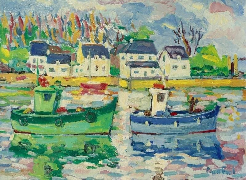 PACO FIOL (né en 1939)
Le port du Bélon, vers 1981 Huile sur toile. Signée en bas à droite. 46 x 61 cm