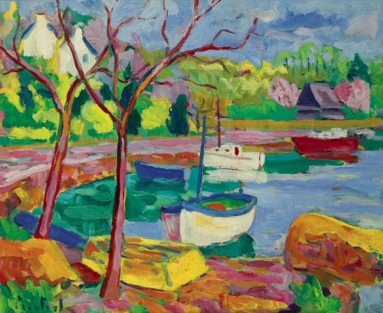 PACO FIOL (né en 1939)
Pont-Aven, le petit quai, vers 1981 Huile sur toile. Signée en bas à gauche. 54 x 65 cm