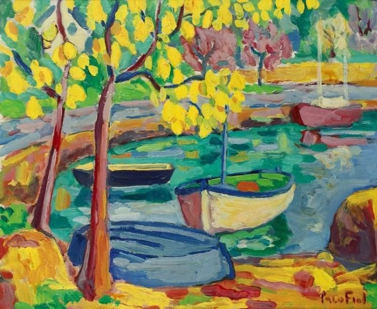 PACO FIOL (né en 1939)
Pont-Aven, marée basse, vers 1981 Huile sur toile. Signée en bas à droite. 54 x 65 cm