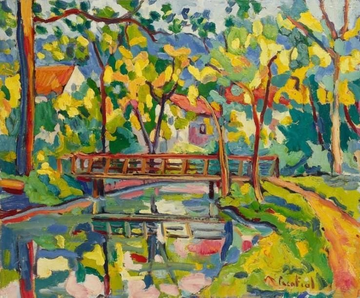 PACO FIOL (né en 1939)
Le petit pont, vers 1981 Huile sur toile. Signée en bas à droite. Signée au dos. 54 x 65 cm