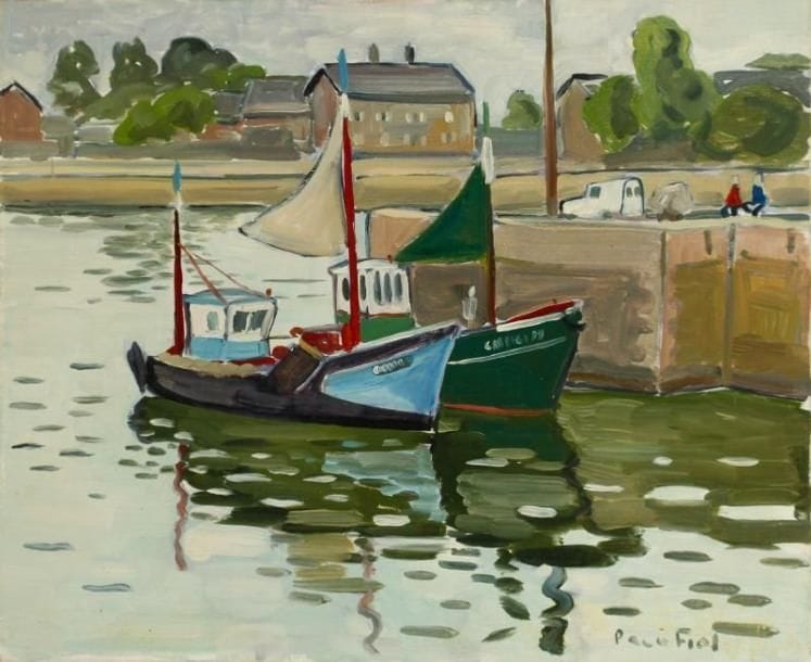 PACO FIOL (né en 1939)
Chalutiers à Honfleur, vers 1982 Huile sur toile. Signée en bas à droite. 50 x 61 cm