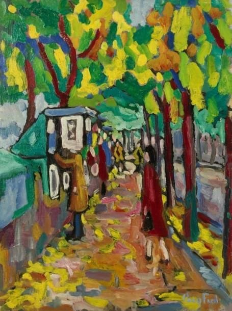 PACO FIOL (né en 1939)
Les bouquinistes, vers 1982 Huile sur toile. Signée en bas à droite. 61 x 46 cm