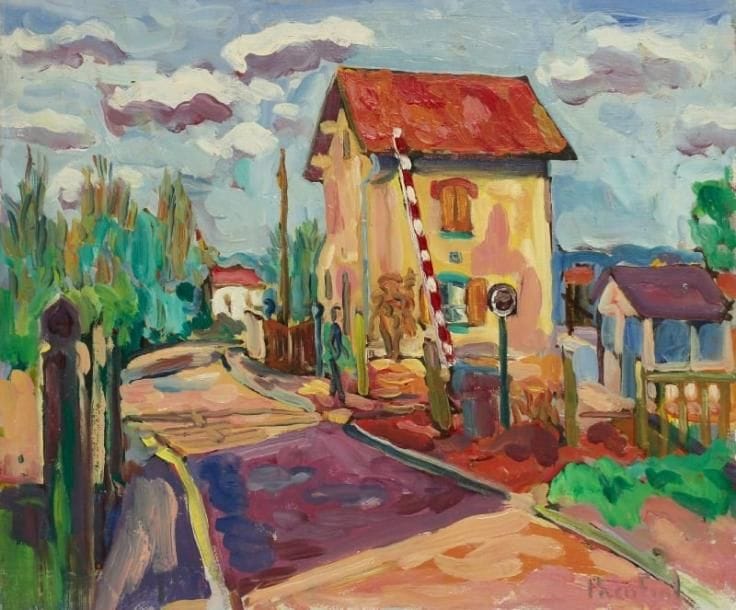 PACO FIOL (né en 1939)
Le passage à niveau, vers 1982 Huile sur toile. Signée en bas à droite. 46 x 55 cm