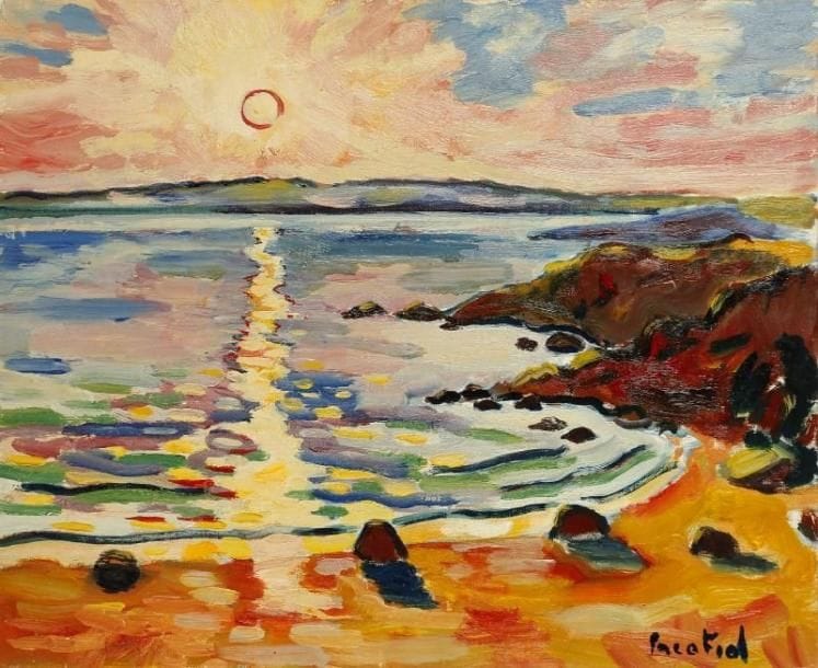 PACO FIOL (né en 1939)
Coucher de soleil sur Trénez-Kerfany, vers 1982 Huile sur toile. Signée en bas à droite. 50 x 61 cm