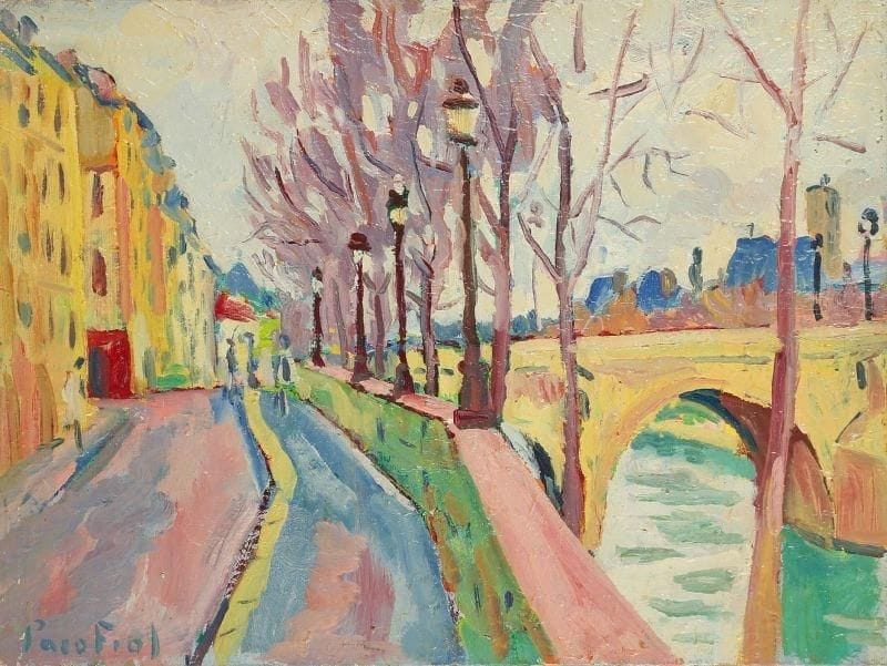 PACO FIOL (né en 1939)
Bord de Seine, vers 1982 Huile sur toile. Signée en bas à gauche. Signée au dos. 46 x 61 cm