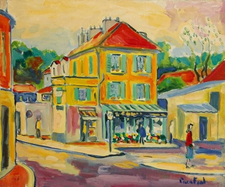 PACO FIOL (né en 1939)
Le fleuriste de mon village, vers 1982 Huile sur toile. Signée en bas à droite. 54 x 65 cm