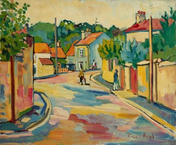 PACO FIOL (né en 1939)
Village de Seine-et-Marne, vers 1982 Huile sur toile. Signée en bas à droite. 54 x 65 cm