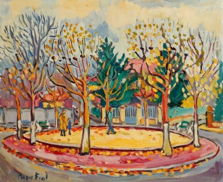 PACO FIOL (né en 1939)
La place des fêtes à Brunoy, vers 1982 Huile sur toile. Signée en bas à gauche. 54 x 65 cm