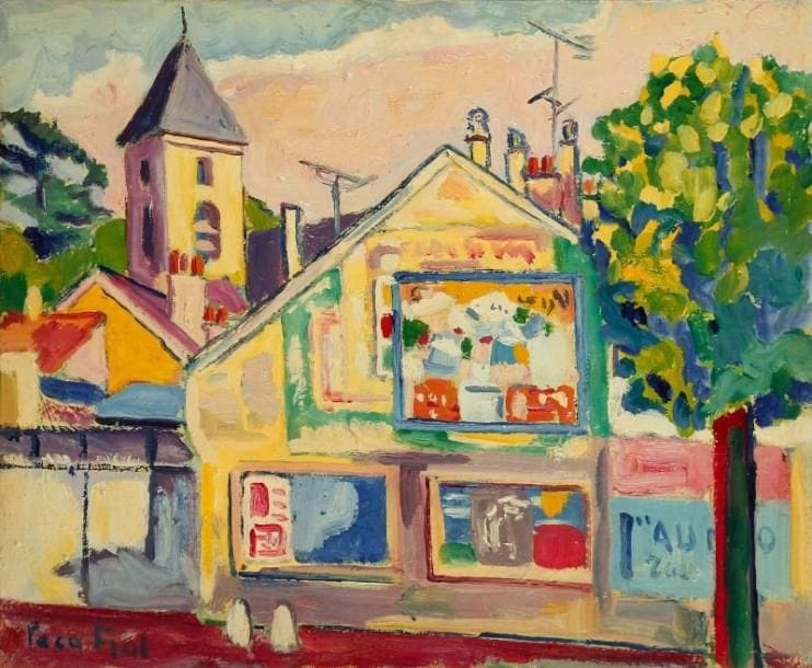PACO FIOL (né en 1939)
En arrivant au village, vers 1982 Huile sur toile. Signée en bas à gauche. 50 x 61 cm