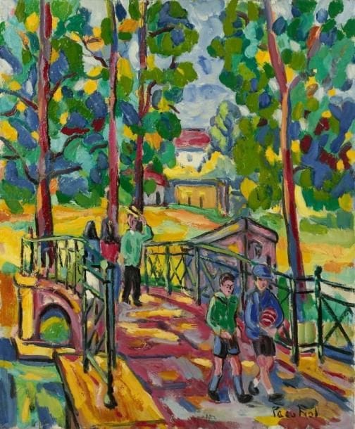 PACO FIOL (né en 1939)
En traversant le pont, vers 1982 Huile sur toile. Signée en bas à droite. Signée au dos. 65 x 54 cm