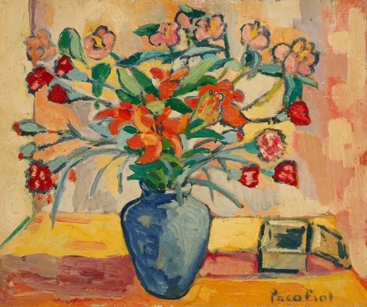 PACO FIOL (né en 1939)
Le bouquet, vers 1983 Huile sur toile. Signée en bas à droite. 46 x 55 cm